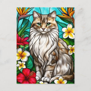 Buntglas-Katzenporträt Elegante Langhaarkatze Ankündigungspostkarte