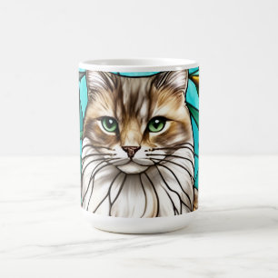 Buntglas-Katzenporträt Elegante Langhaarkatze Kaffeetasse
