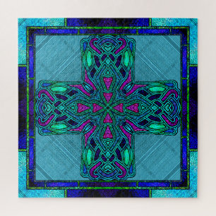 Buntglas-Keltisches Kreuz in Blau und Aqua