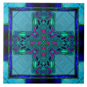 Buntglas-Keltisches Kreuz in Blau und Aqua Fliese