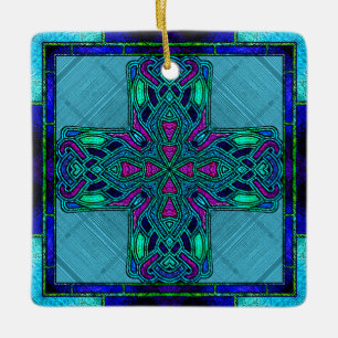 Buntglas-Keltisches Kreuz in Blau und Aqua Keramikornament