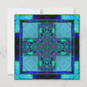 Buntglas-Keltisches Kreuz in Blau und Aqua Magneteinladung