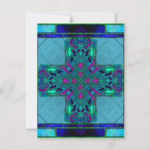 Buntglas-Keltisches Kreuz in Blau und Aqua Postkarte