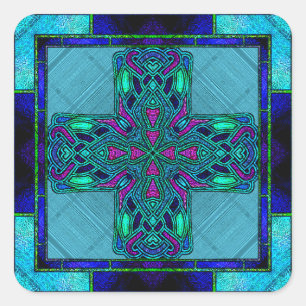 Buntglas-Keltisches Kreuz in Blau und Aqua Quadratischer Aufkleber