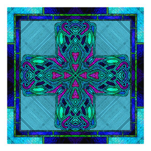Buntglas-Keltisches Kreuz in Blau und Türkis Fotodruck