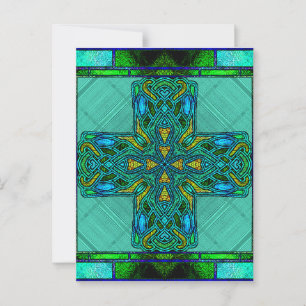 Buntglas-Keltisches Kreuz in Gold und Grün Postkarte