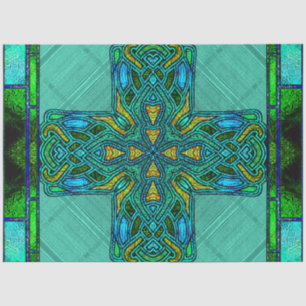 Buntglas-Keltisches Kreuz in Gold und Grün Seidenpapier