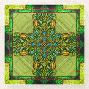 Buntglas-Keltisches Kreuz in Lindgrün und Gold Glasuntersetzer