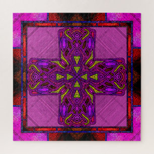 Buntglas-Keltisches Kreuz in Rosa und Lila