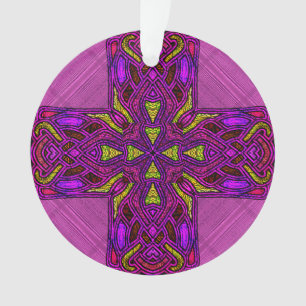 Buntglas-Keltisches Kreuz in Rosa und Lila Ornament