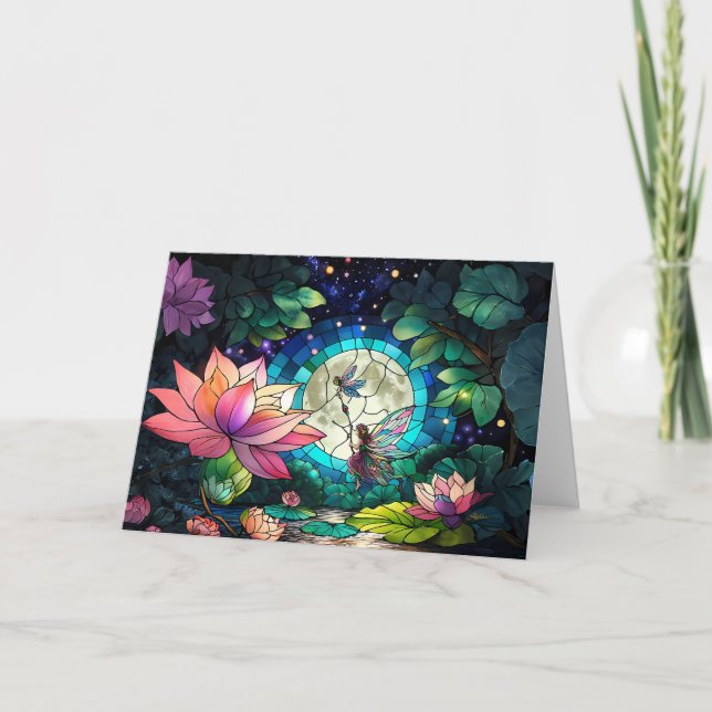 Buntglas-Kleine Fee mit Libelle Karte (Vorderseite)