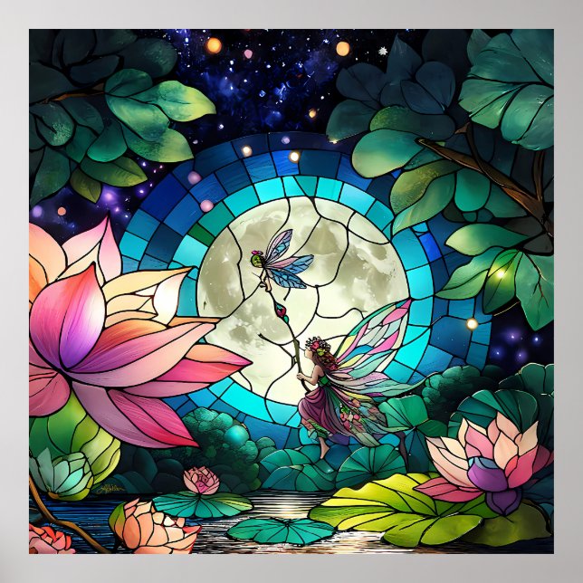 Buntglas Kleine Fee mit Libelle Poster (Vorne)