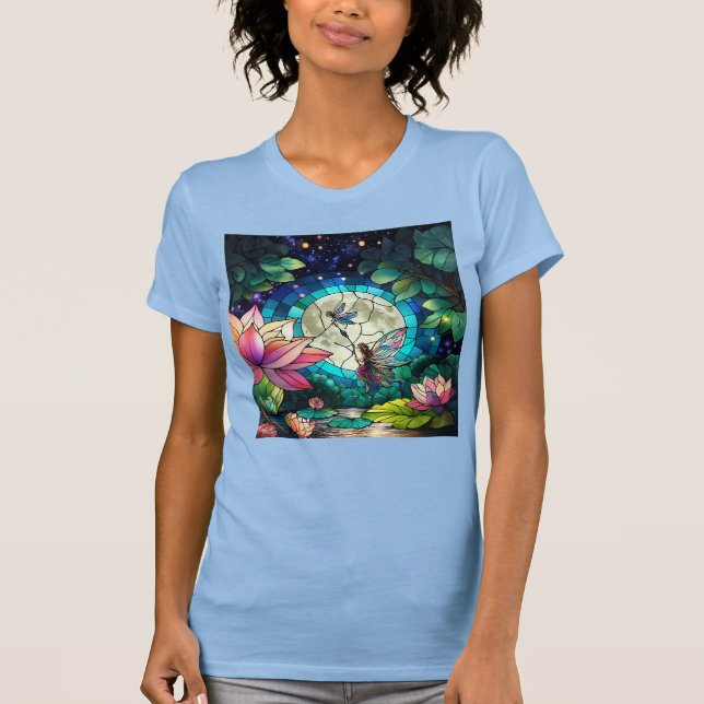 Buntglas Kleine Fee mit Libelle T-Shirt (Vorderseite)