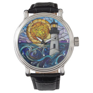Buntglas-Leuchtturm-Ozean-Sonnenuntergang Armbanduhr