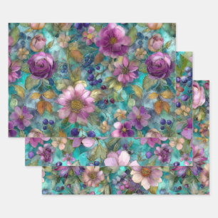 BUNTGLAS LILA BLUMEN DEKORATIVES PAPIER SET