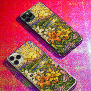 Buntglas-Lilien-Schmetterlinge und Sonnenschein iPhone 15 Pro Hülle