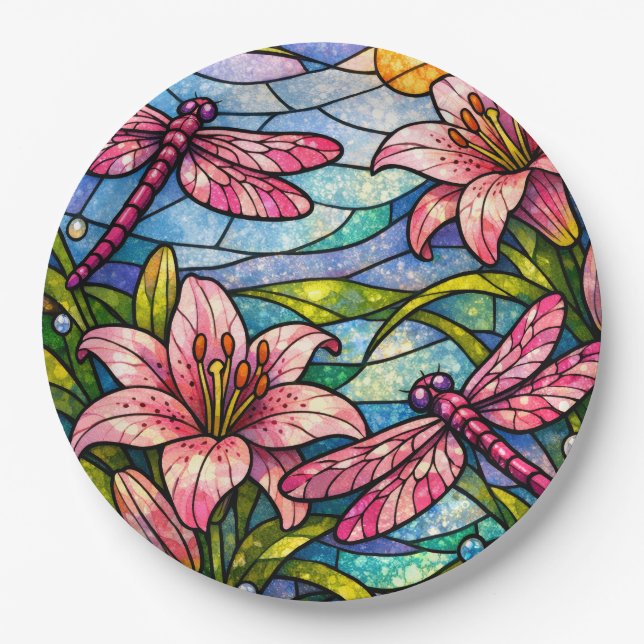 Buntglas-Lilien und Libellen Rosa Pappteller (Vorderseite)