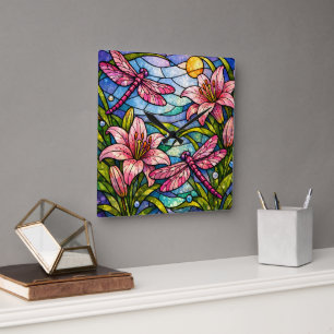 Buntglas-Lilien und Libellen Rosa Quadratische Wanduhr