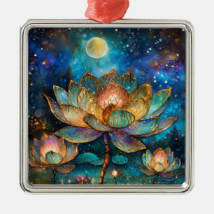 Buntglas-Lotusblüten im Mondlicht Ornament Aus Metall