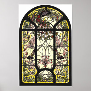 Buntglas mit Pfau und Schmetterlingen Poster