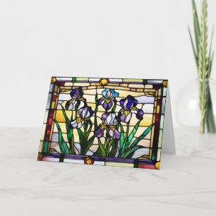 Buntglas mit violetten Schwertlilienblumen Karte