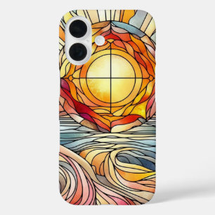 Buntglas-Muster Sonnenuntergang über dem Ozean iPhone 16 Hülle