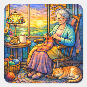 Buntglas Oma Strickt, Katze & Gemütliches Zuhause  Quadratischer Aufkleber