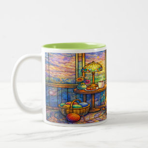 Buntglas-Oma-Tasse Stricken, Katze & Gemütlichkeit Zweifarbige Tasse
