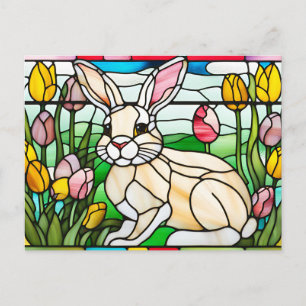 Buntglas-Osterhase mit Tulpenblumen Feiertagspostkarte