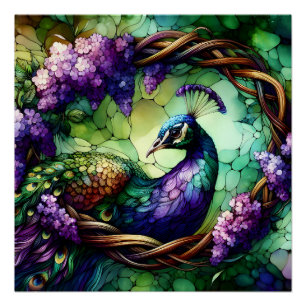 Buntglas-Pfau-Blumenkranz-Kunst Poster