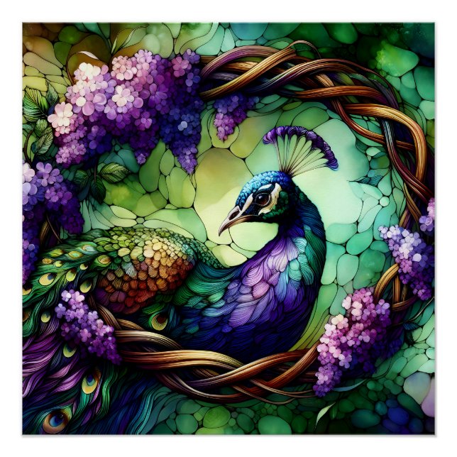 Buntglas-Pfau-Blumenkranz-Kunst Poster (Vorderseite)