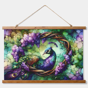 Buntglas-Pfau-Blumenkranz-Kunst Wandteppich Mit Holzrahmen