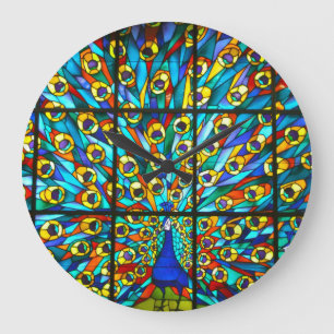 Buntglas-Pfau-Uhr Große Wanduhr