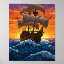 Buntglas-Piraten-Schiff bei Sonnenuntergang - Vint