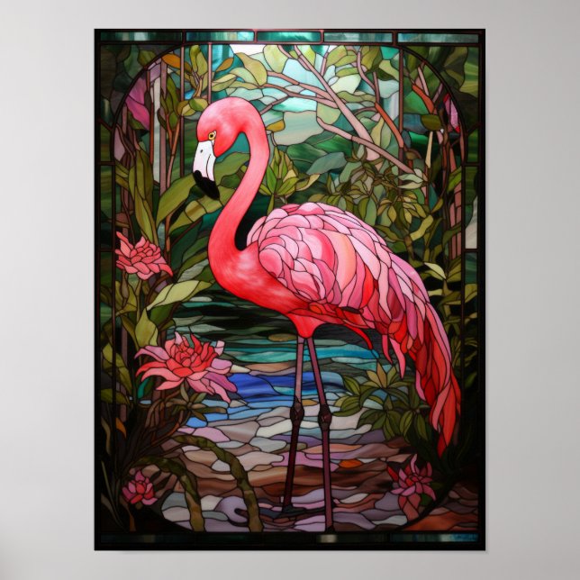 Buntglas Rosa Flamingo im tropischen Garten Poster (Vorne)