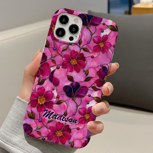 Buntglas rosa rote Blumen  iPhone 16 Hülle (Von Creator hochgeladen)