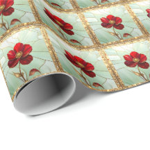 Buntglas-Rot-Blumen-Geschenkpapier