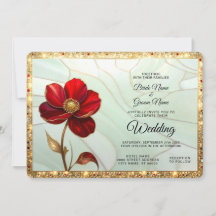 Buntglas-Rote Blume mit goldenen Akzenten Hochzeit