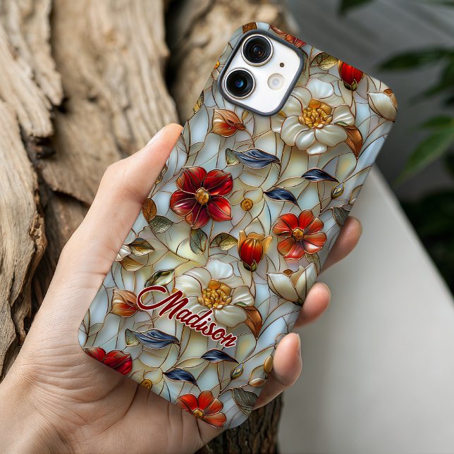 Buntglas rote Blumen  iPhone 16 Hülle (Von Creator hochgeladen)