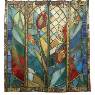 Buntglas Rote Mohnblumen Hauptmann bei Sonnenaufga Duschvorhang