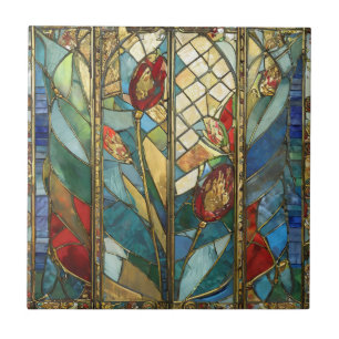 Buntglas Rote Mohnblumen Hauptmann bei Sonnenaufga Fliese