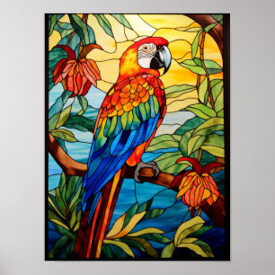 Buntglas-Scharlachara-Tropenpapageien-Kunst Poster