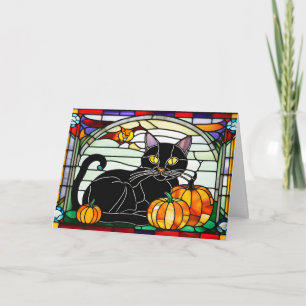 Buntglas Schwarze Katze mit Kürbissen  Feiertagskarte