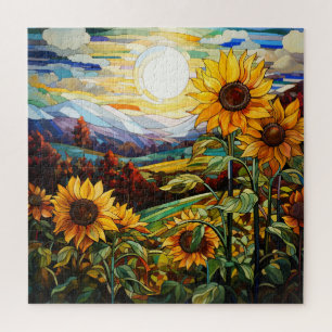 Buntglas-Sonnenblumen-Feld-Sonnenuntergang-Berge