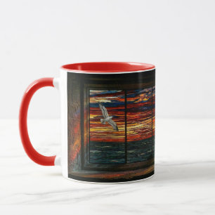 Buntglas-Sonnenuntergang mit Möwe und Segelboot Tasse