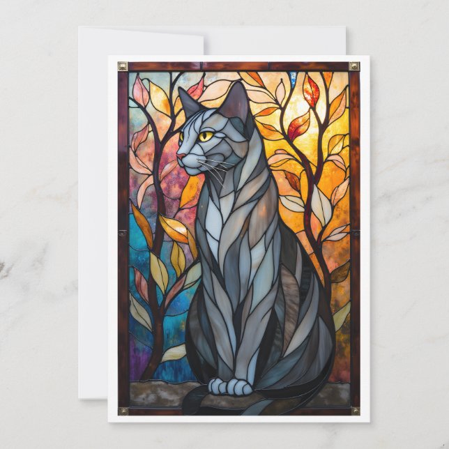 Buntglas-Stil Graue Katze mit Blättern Karte (Vorderseite)