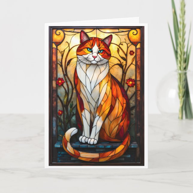 Buntglas-Stil Hübsche Orange Katze  Karte (Vorderseite)