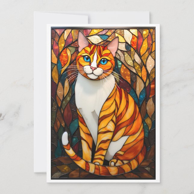Buntglas-Stil Orange Katze Blaue Augen Flach Karte (Vorderseite)