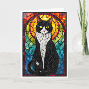 Buntglas-Stil Schwarz-weißer Anzugkatze Karte