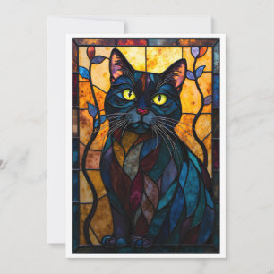 Buntglas-Stil schwarze Katze mit Blättern flach Karte